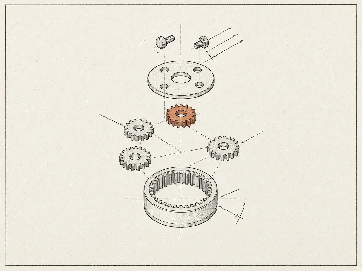 Engineering drawing of a gear mechanism shown in exploded view.